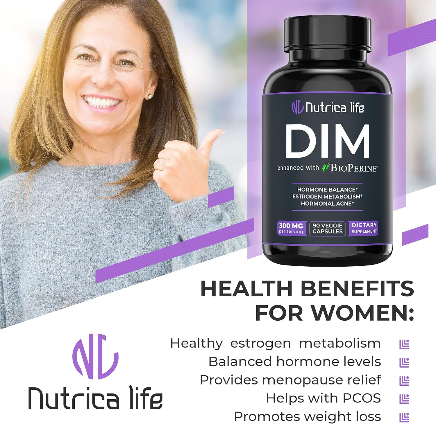 Hormone Balance Support Supplement 300mg - Diindolylmethane with Broccoli & BioPerine - Menopause Relief & Acne Control - 90 Capsules