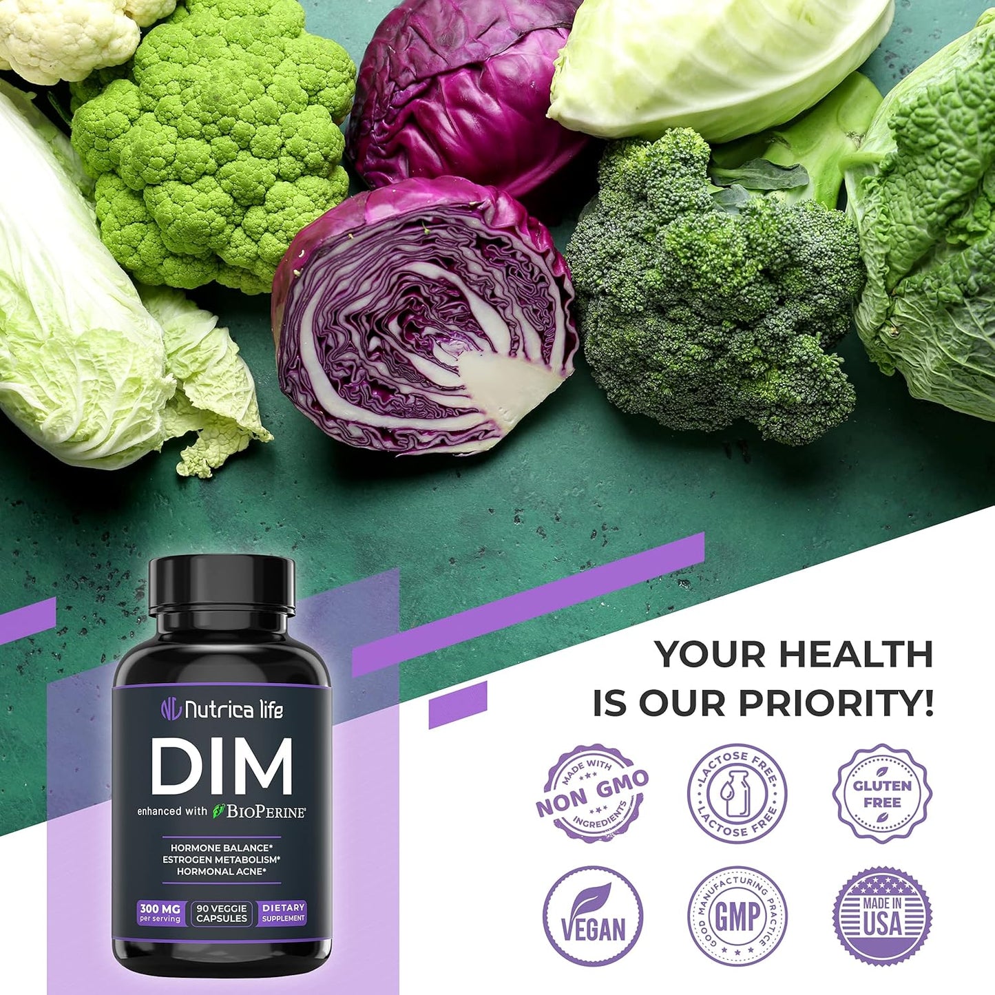 Hormone Balance Support Supplement 300mg - Diindolylmethane with Broccoli & BioPerine - Menopause Relief & Acne Control - 90 Capsules