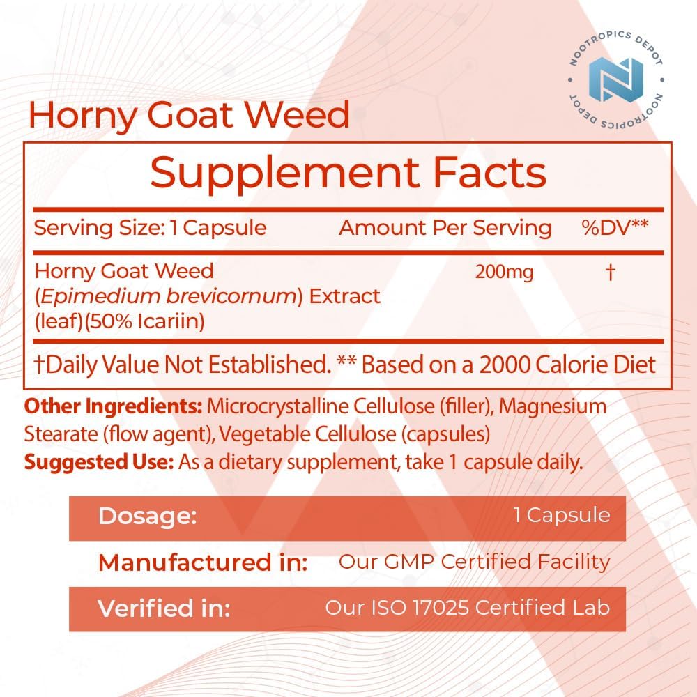 Horny Goat Weed Capsules 200mg - 90 Count | High Icariin Content | Epimedium brevicornum Supplement