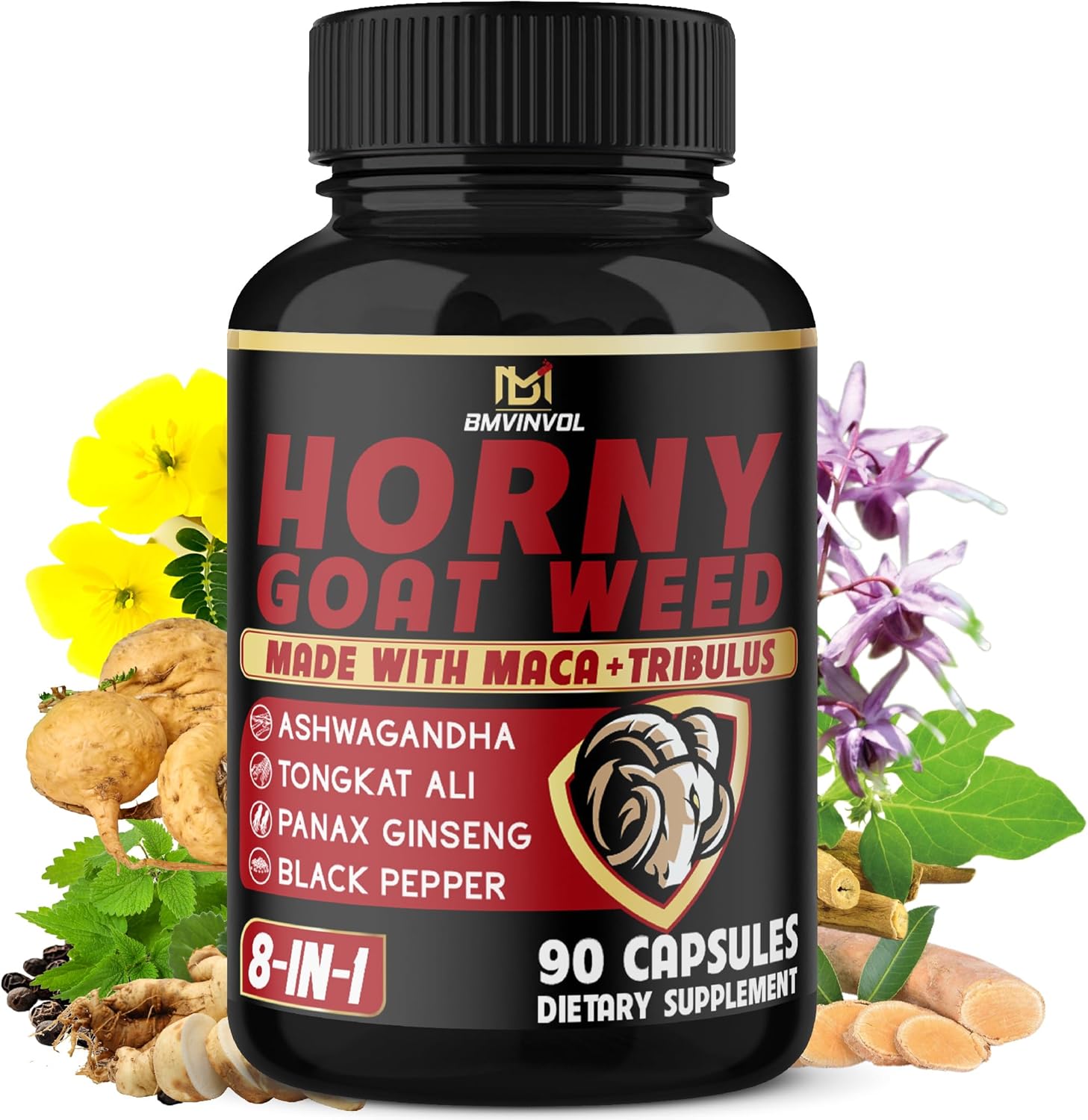 Horny Goat Weed Capsules with Maca, Ginseng, Tribulus Terrestris, Ashwagandha, Black Pepper - 90 Count, 3 Month Supply