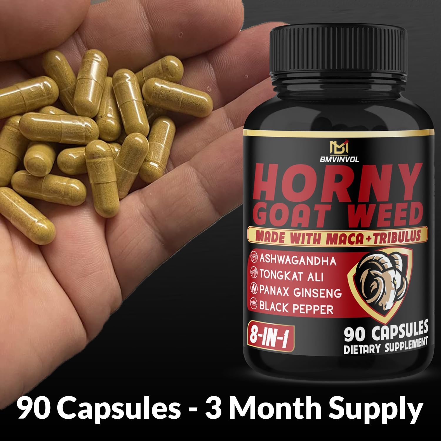 Horny Goat Weed Capsules with Maca, Ginseng, Tribulus Terrestris, Ashwagandha, Black Pepper - 90 Count, 3 Month Supply