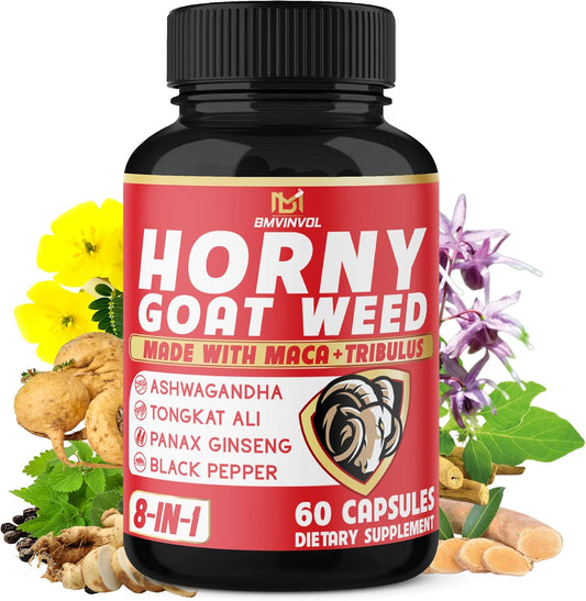 Horny Goat Weed Capsules with Tribulus, Ginseng, Ashwagandha, Maca, Tongkat Ali, Nettle, Black Pepper - 60 Count by BMVINVOL