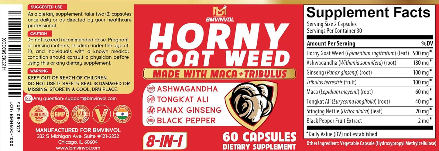 Horny Goat Weed Capsules with Tribulus, Ginseng, Ashwagandha, Maca, Tongkat Ali, Nettle, Black Pepper - 60 Count by BMVINVOL