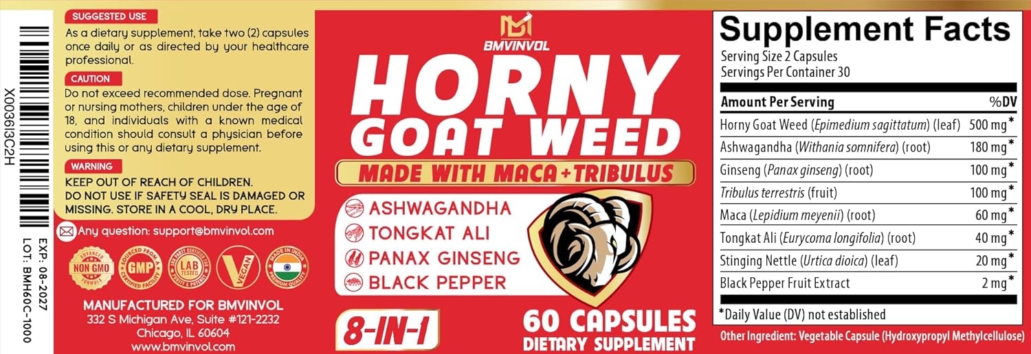 Horny Goat Weed Capsules with Tribulus, Ginseng, Ashwagandha, Maca, Tongkat Ali, Nettle, Black Pepper - 60 Count by BMVINVOL
