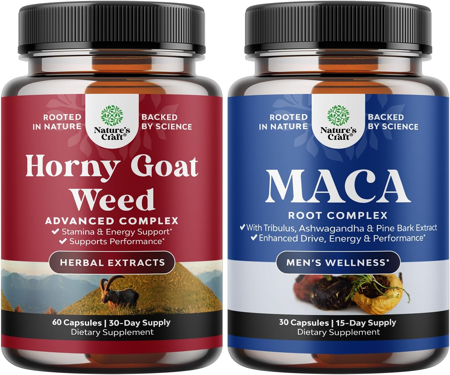 Horny Goat Weed Extract and Black Maca Root Capsules Bundle - Energy and Stamina Boost for Men and Women