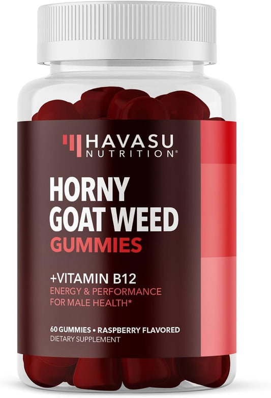 Horny Goat Weed Gummies with Vitamin B12 for Energy & Endurance - 60 Count - Vegetarian-Friendly Raspberry Flavor