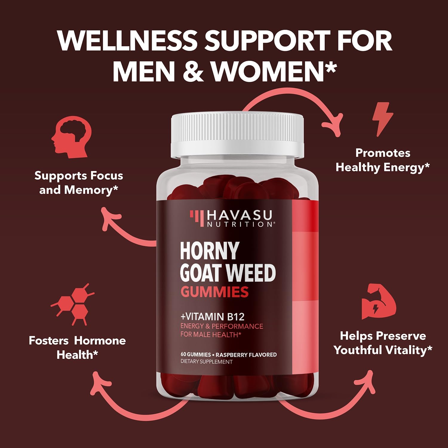 Horny Goat Weed Gummies with Vitamin B12 for Energy & Endurance - 60 Count - Vegetarian-Friendly Raspberry Flavor