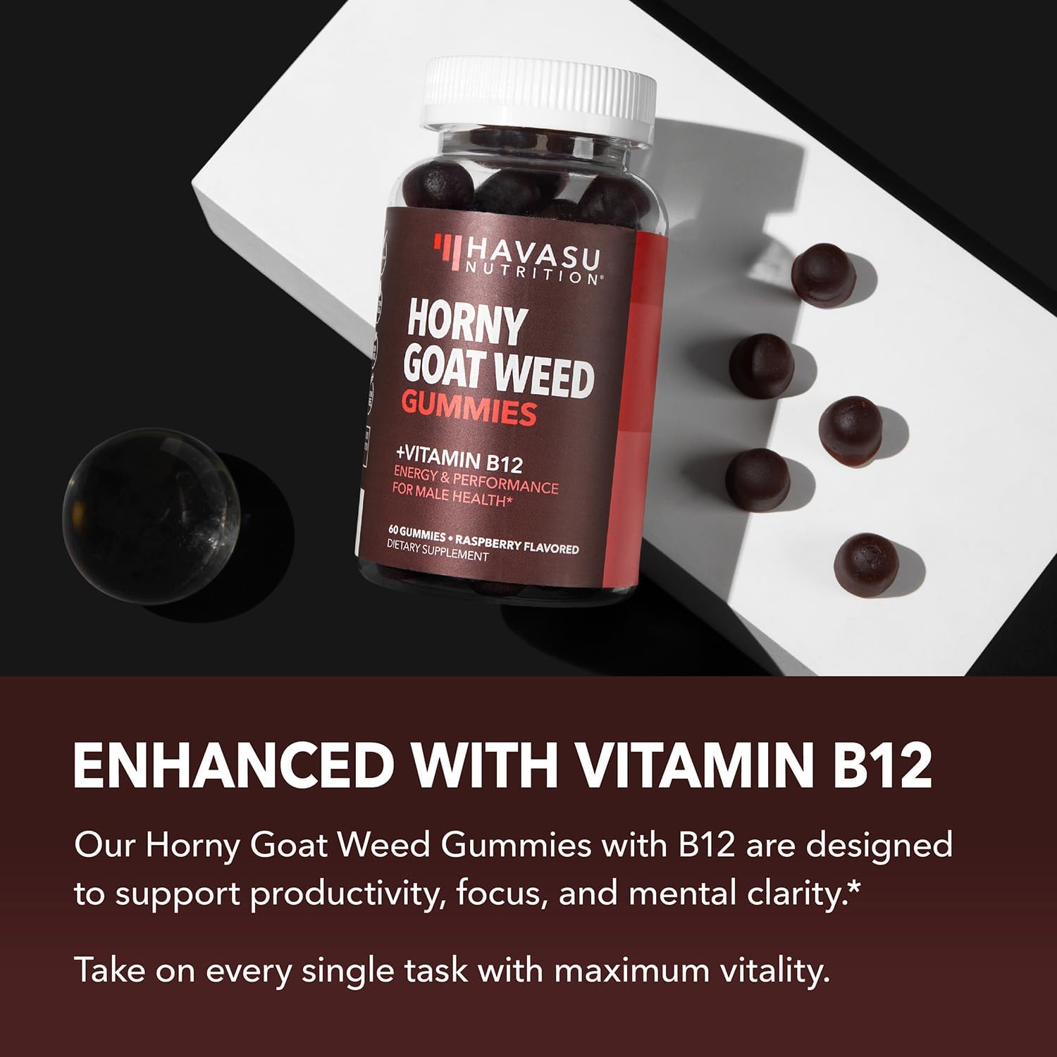 Horny Goat Weed Gummies with Vitamin B12 for Energy & Endurance - 60 Count - Vegetarian-Friendly Raspberry Flavor