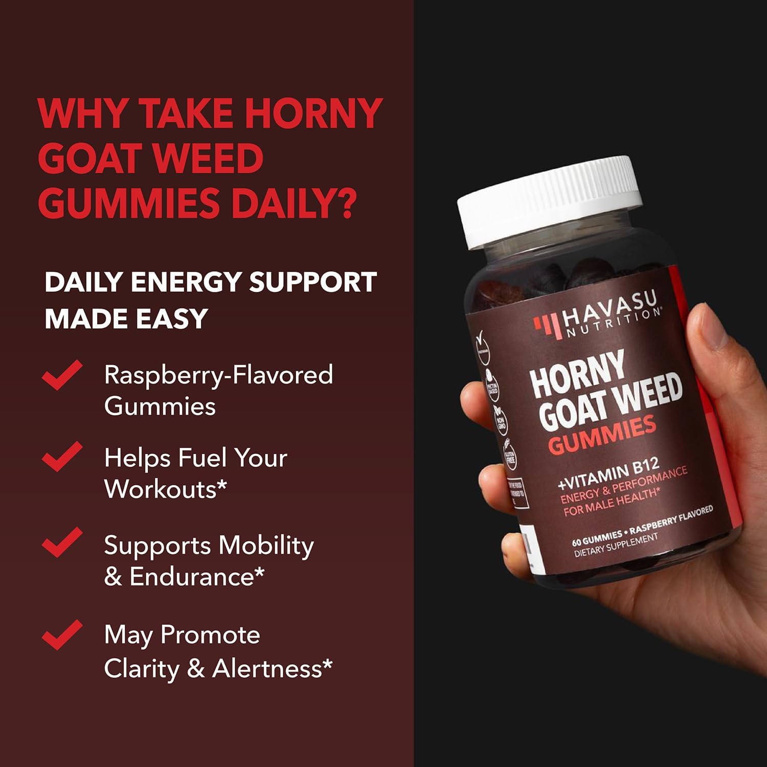 Horny Goat Weed Gummies with Vitamin B12 for Energy & Endurance - 60 Count - Vegetarian-Friendly Raspberry Flavor