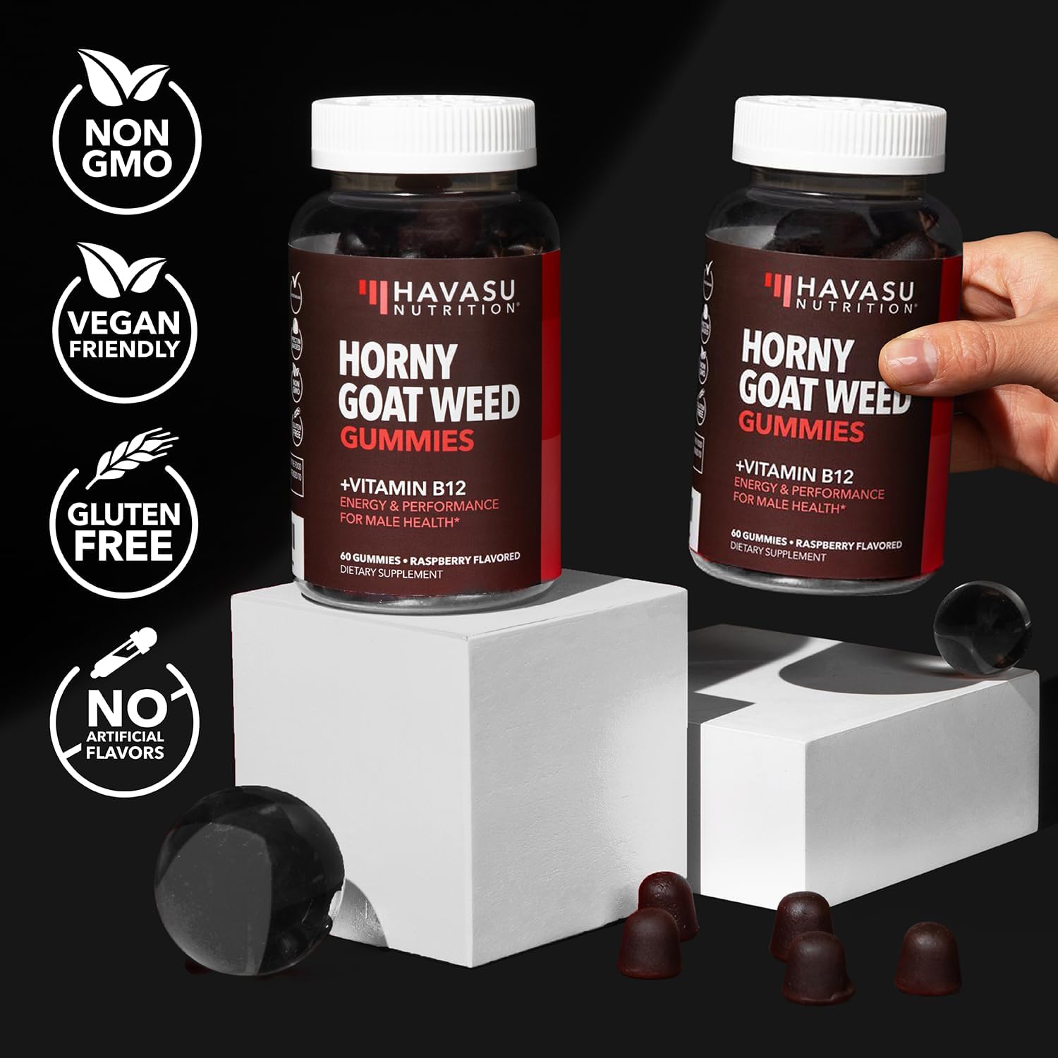 Horny Goat Weed Gummies with Vitamin B12 for Energy & Endurance - 60 Count - Vegetarian-Friendly Raspberry Flavor