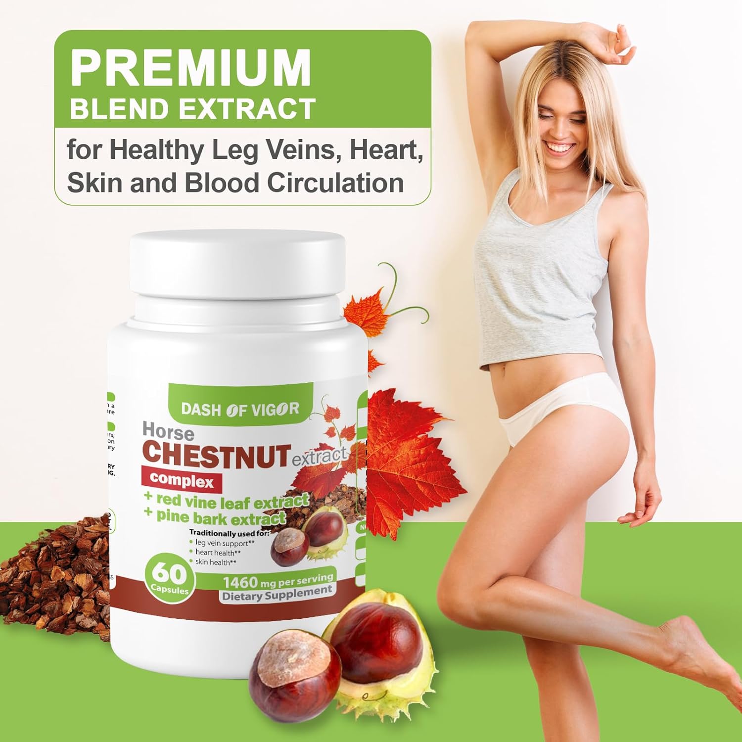 Horse Chestnut Complex with Red Vine Leaf & Pine Bark - Leg Vein Support Supplement with Turmeric, Hawthorn Berry, Ginger, Cayenne Pepper, Chamomile - 60 Capsules, 1460mg