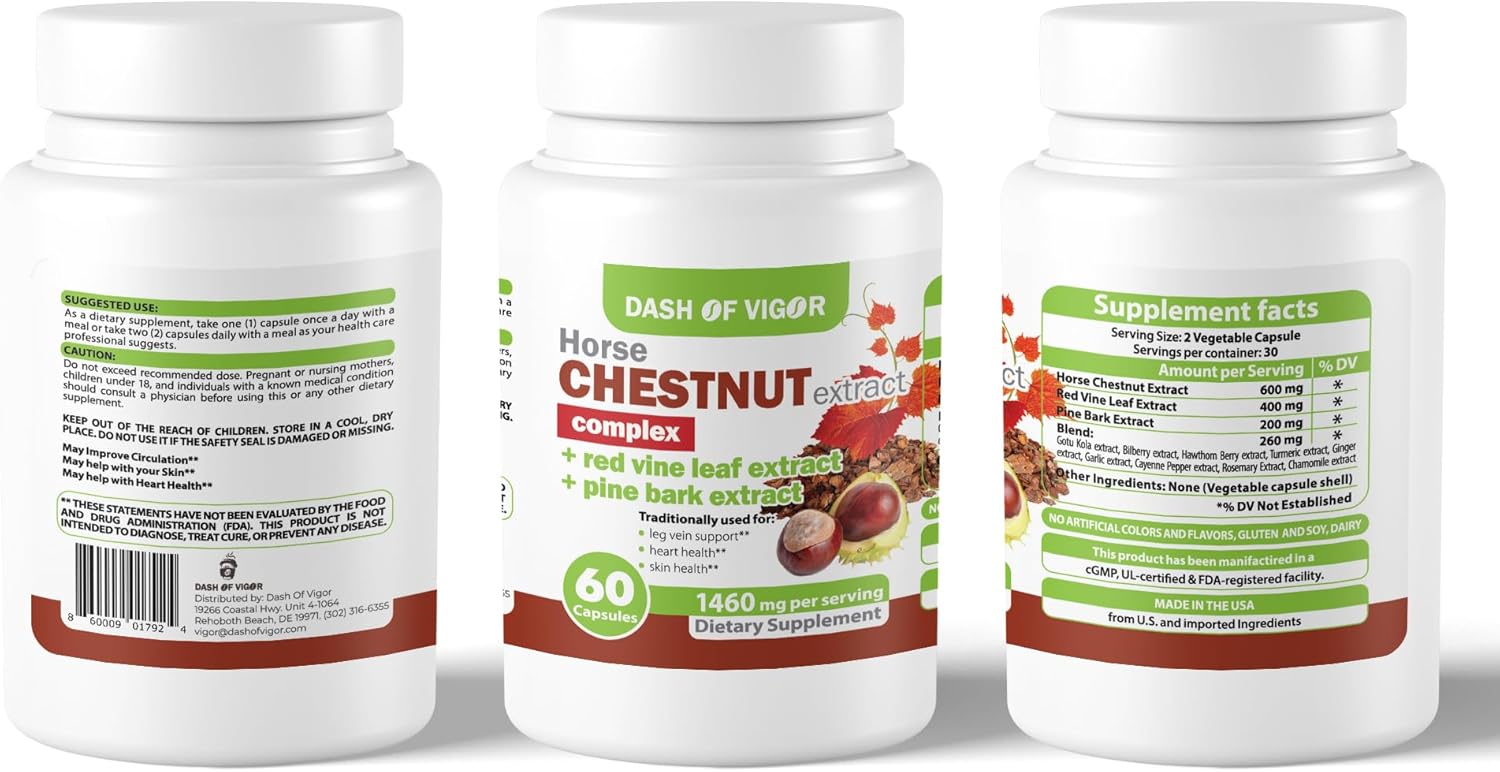 Horse Chestnut Complex with Red Vine Leaf & Pine Bark - Leg Vein Support Supplement with Turmeric, Hawthorn Berry, Ginger, Cayenne Pepper, Chamomile - 60 Capsules, 1460mg