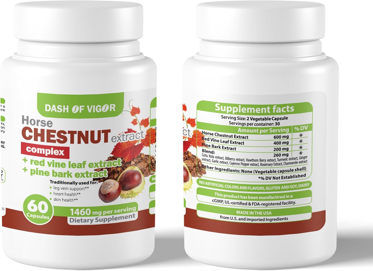 Horse Chestnut Complex with Red Vine Leaf & Pine Bark - Leg Vein Support Supplement with Turmeric, Hawthorn Berry, Ginger, Cayenne Pepper, Chamomile - 60 Capsules, 1460mg