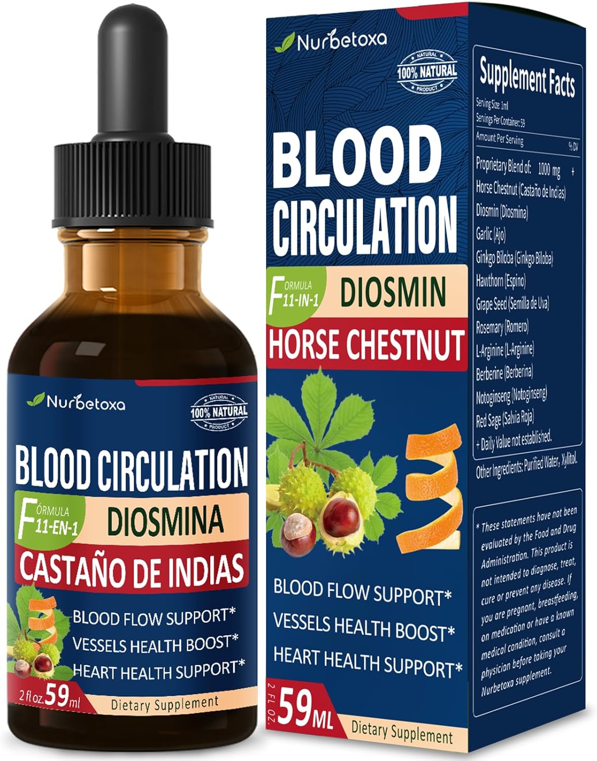 Horse Chestnut & Diosmin Liquid Drops for Circulation & Varicose Veins - Nitric Oxide Supplement for Heart Health - 2 oz