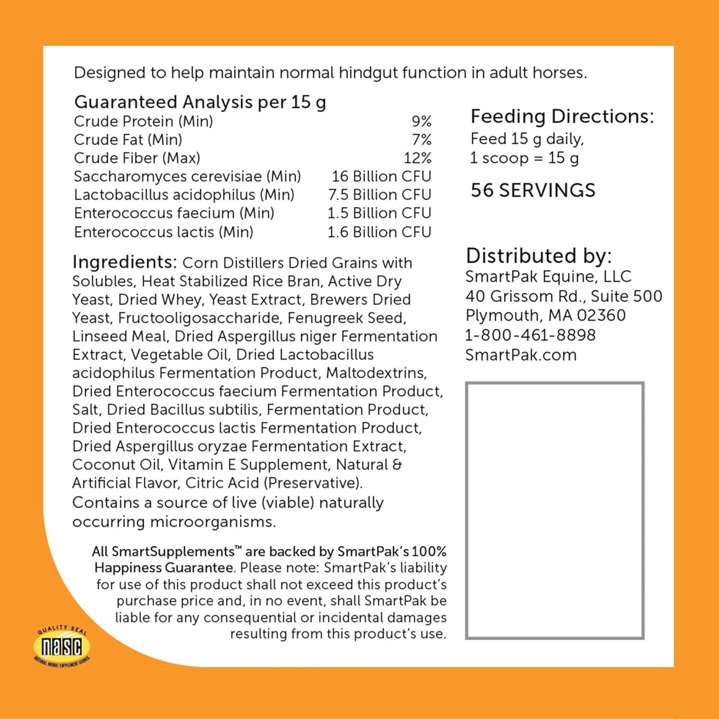 Horse Digestive Health Supplement with Probiotics and Prebiotics, 56 Servings, 1.85 lb - SmartPak SmartDigest