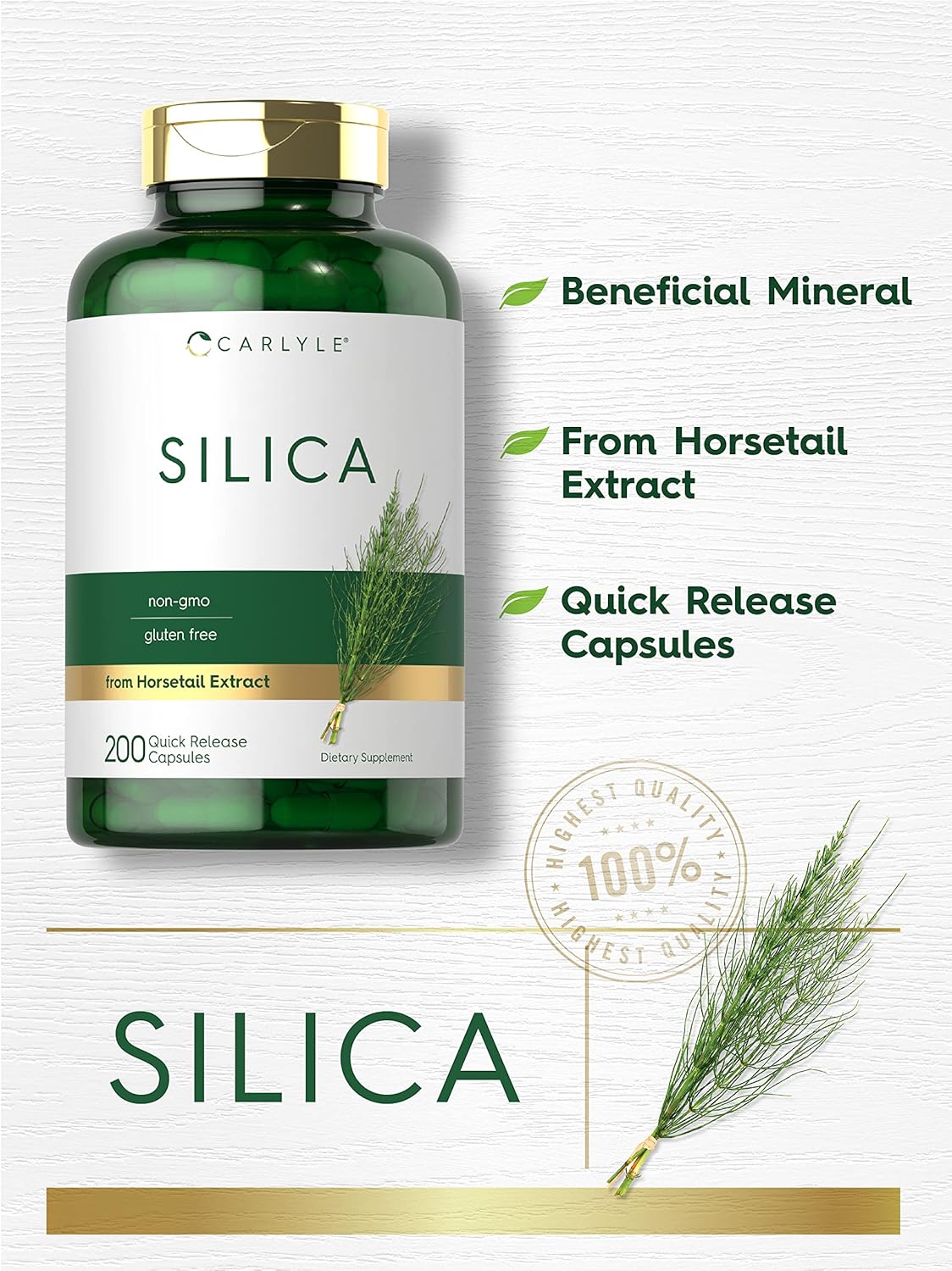 Horsetail Extract Silica Supplement Capsules | 200 Count | Non-GMO & Gluten Free by Carlyle