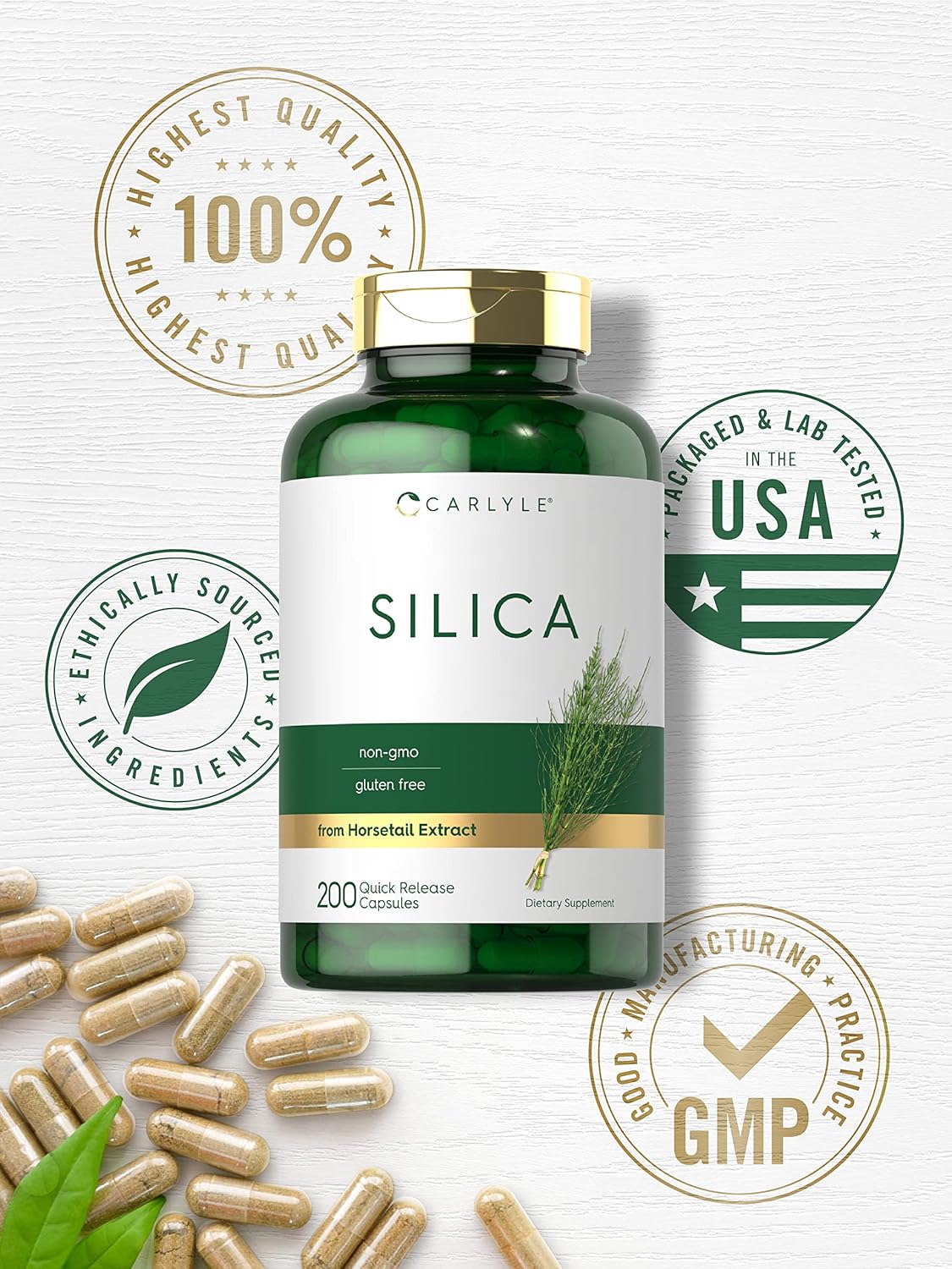 Horsetail Extract Silica Supplement Capsules | 200 Count | Non-GMO & Gluten Free by Carlyle