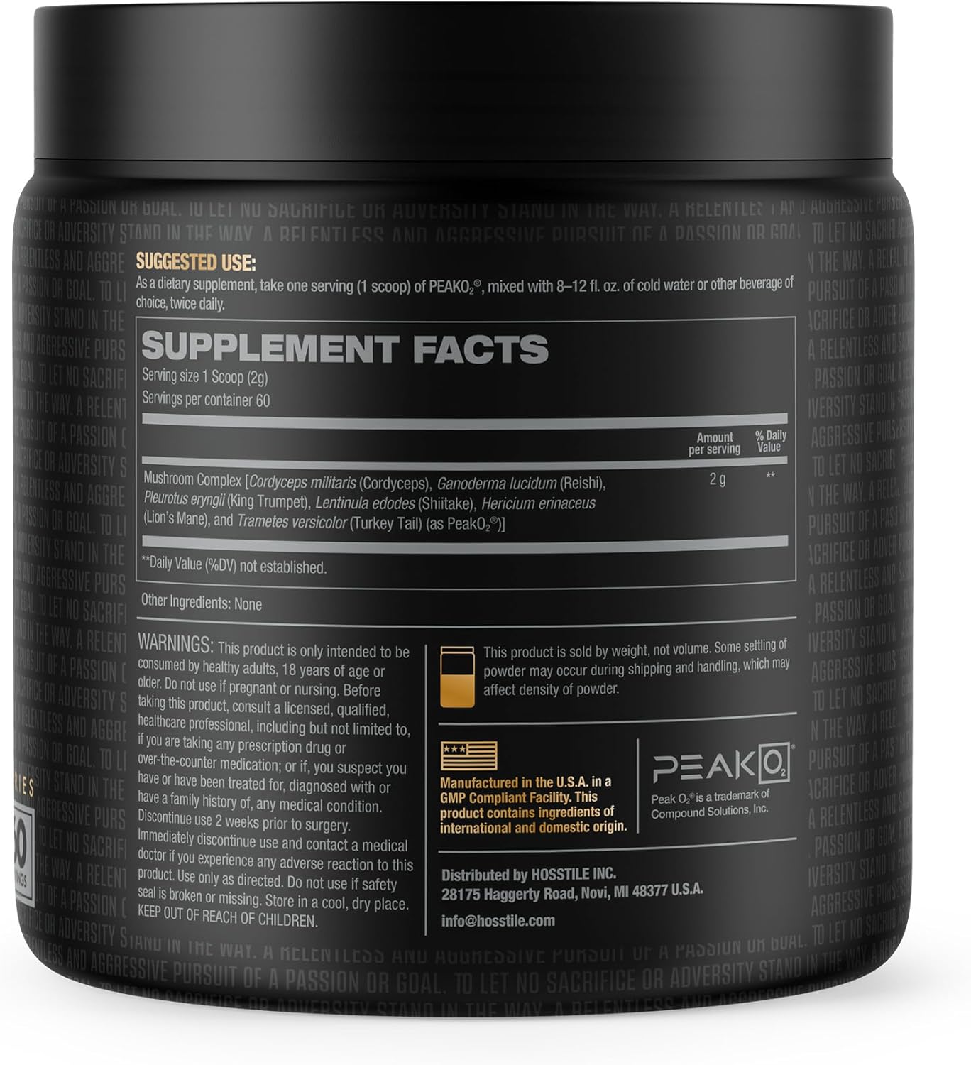 HOSSTILE PeakO2 Organic Mushroom Blend: Endurance & Power Booster for Athletes, Vegan Pre Workout Supplement, Unflavored, 60 Servings