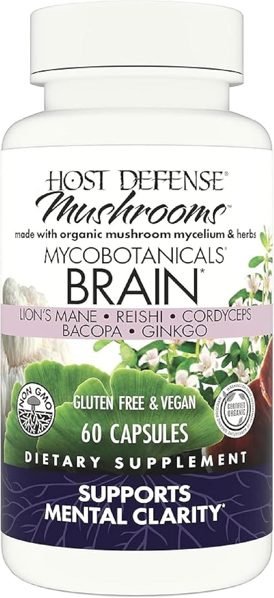 Host Defense MycoBotanicals Brain Support Capsules - Memory & Focus Supplement with Lion's Mane, Reishi & Cordyceps Mushroom - Herbal Brain Supplement - 60 Capsules