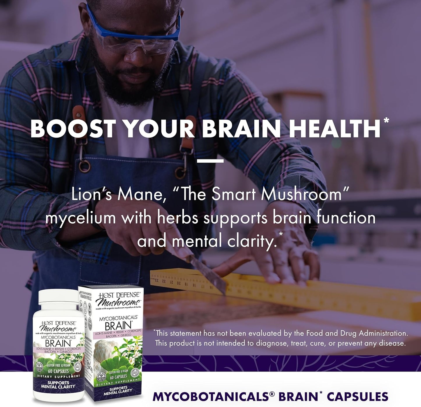 Host Defense MycoBotanicals Brain Support Capsules - Memory & Focus Supplement with Lion's Mane, Reishi & Cordyceps Mushroom - Herbal Brain Supplement - 60 Capsules