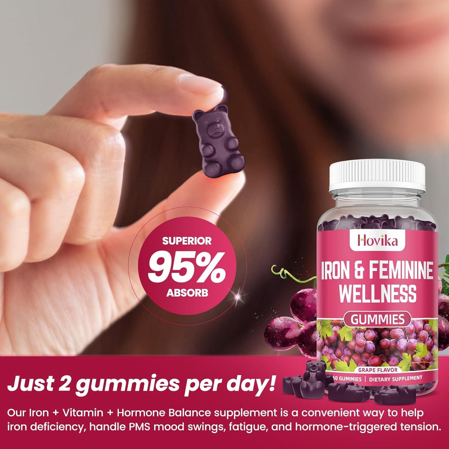 Hovika Iron Gummies for Women - 40mg Iron Supplement with Multivitamin, Zinc, Selenium, Iodine - Natural Support for Iron Deficiency and PMS - Grape Flavour - 2 Pack