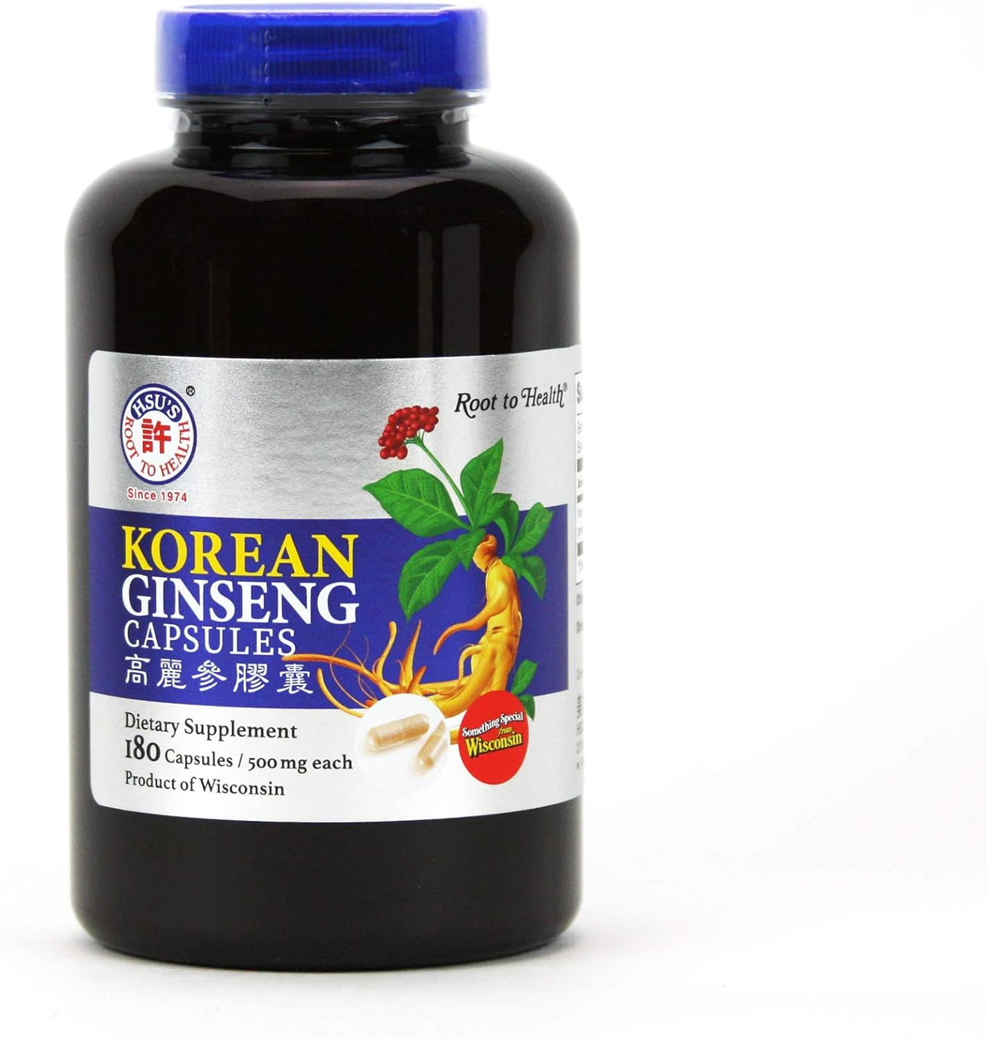 HSU's Korean Ginseng Capsules 180 ct | Direct from Hsu's Ginseng Gardens in Wisconsin | 500 mg Capsules Bottle | 许氏高麗参膠囊 180 粒