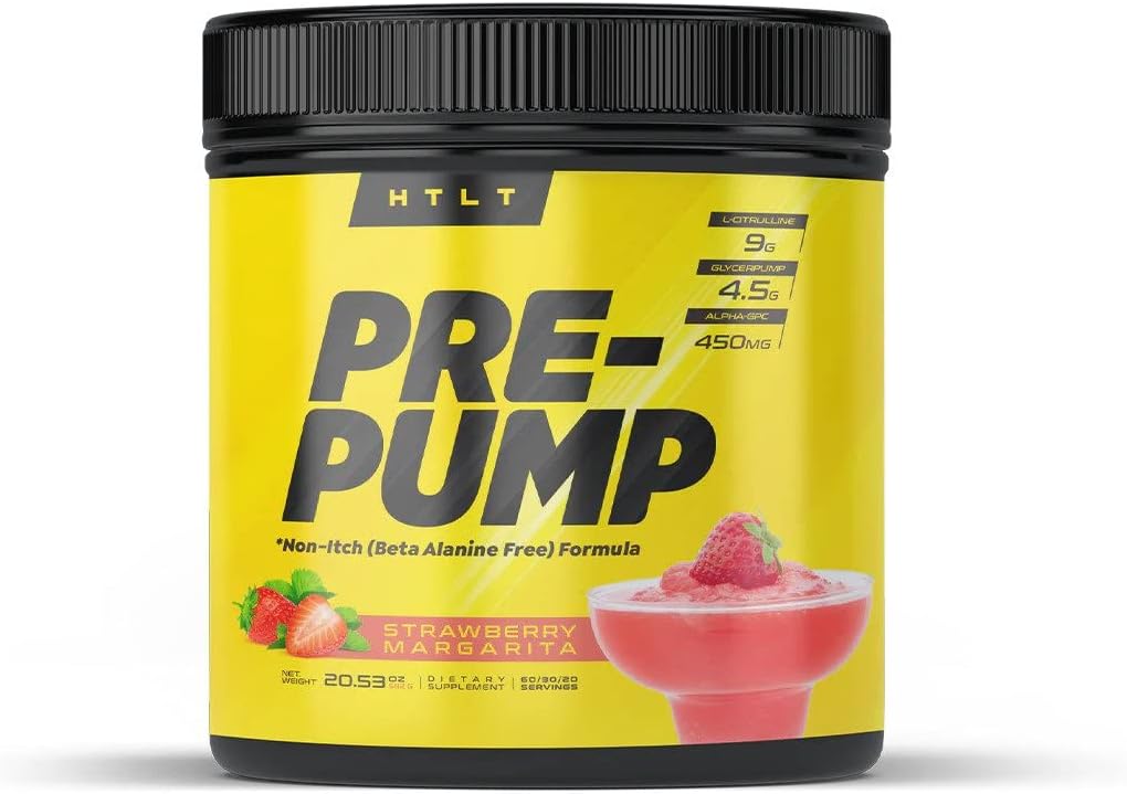 HTLT Supps Pre-Pump: Stim-Free Pre Workout Powder for Enhanced Performance | Nitric Oxide Booster with L-Citrulline, Alpha-GPC, & Nitrosigine | 40 Servings (Strawberry Margarita)