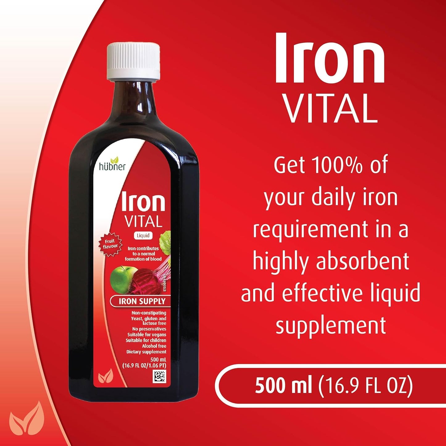 Hubner Hübner Iron Vital Liquid: Iron & Vitamin C Supplement, Vegan & Gluten-Free, Fruit Flavor - 500ml Bottle, 50 Servings