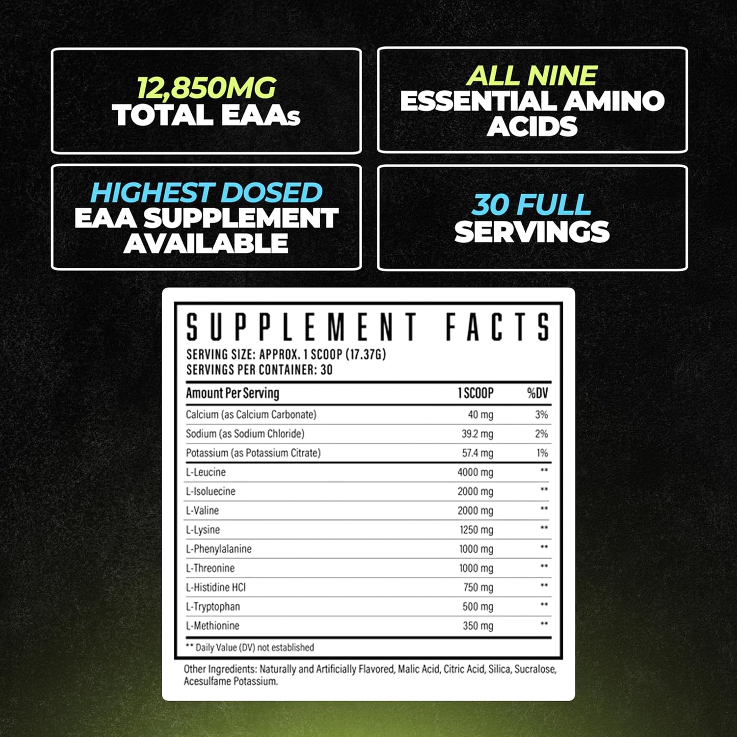 Huge EAA Supplement with 12.85g EAAs & 8g BCAAs, Kiwi Blueberry Flavor, Muscle Growth & Recovery, 17.73 Oz.