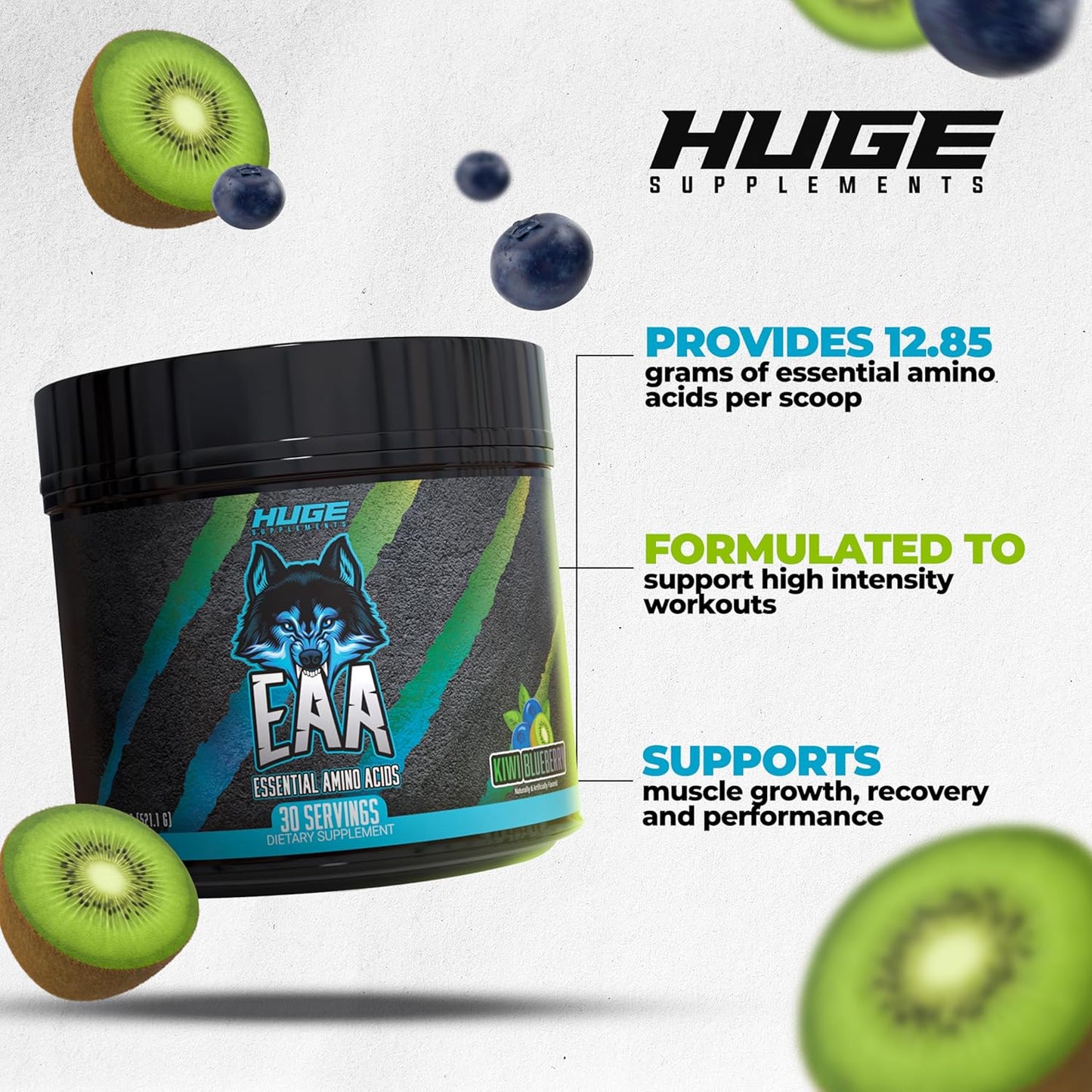 Huge EAA Supplement with 12.85g EAAs & 8g BCAAs, Kiwi Blueberry Flavor, Muscle Growth & Recovery, 17.73 Oz.