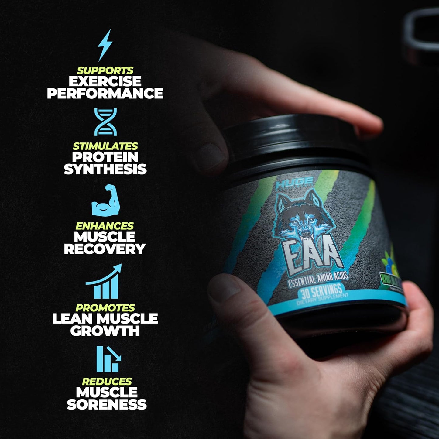 Huge EAA Supplement with 12.85g EAAs & 8g BCAAs, Kiwi Blueberry Flavor, Muscle Growth & Recovery, 17.73 Oz.