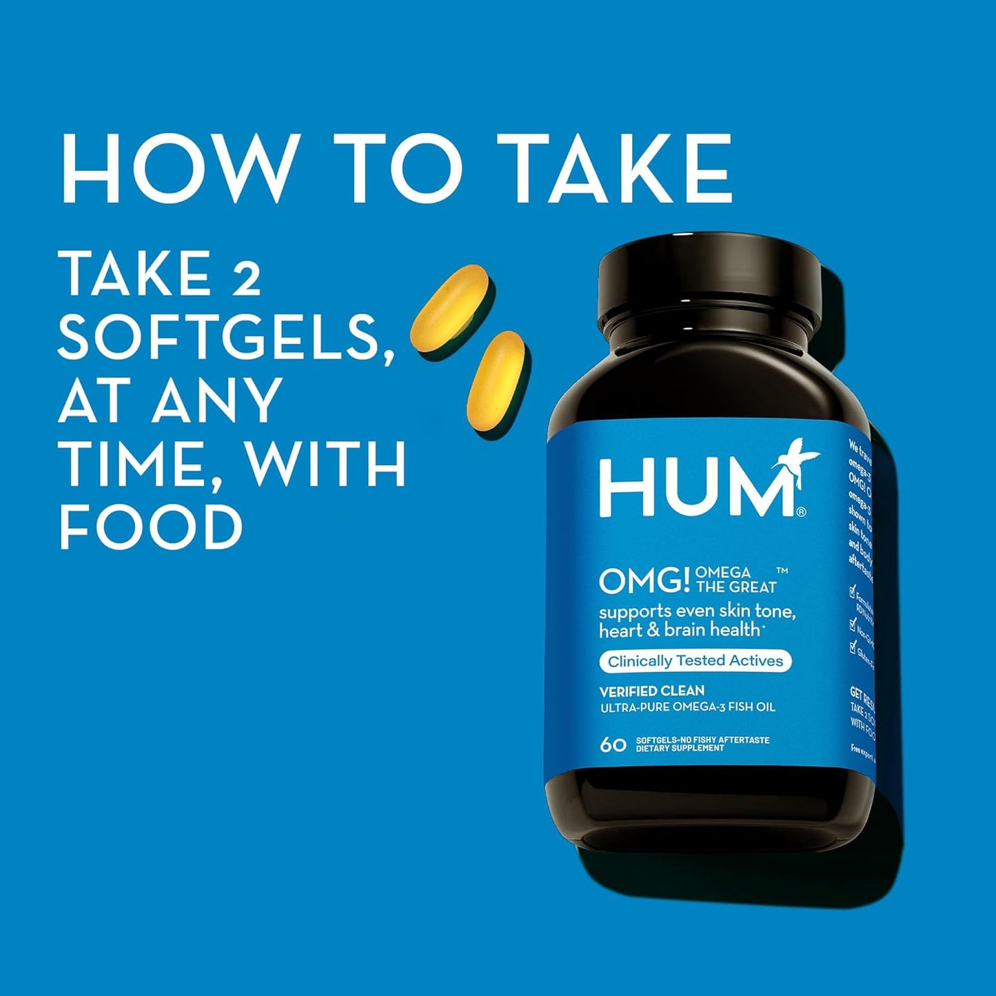 HUM OMG! Omega The Great - Triple Omega 3 Fish Oil Supplement for Bright Skin Tone - Gluten Free & Non-GMO (60-Count)