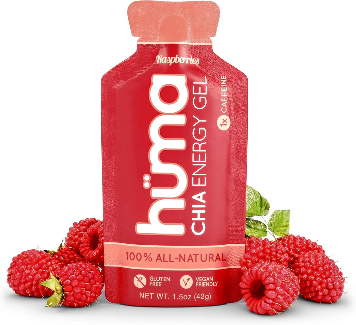 Huma Chia Energy Gel - Raspberries Flavor with 1x Caffeine - 24 Gels for Endurance Exercise - Sports Nutrition