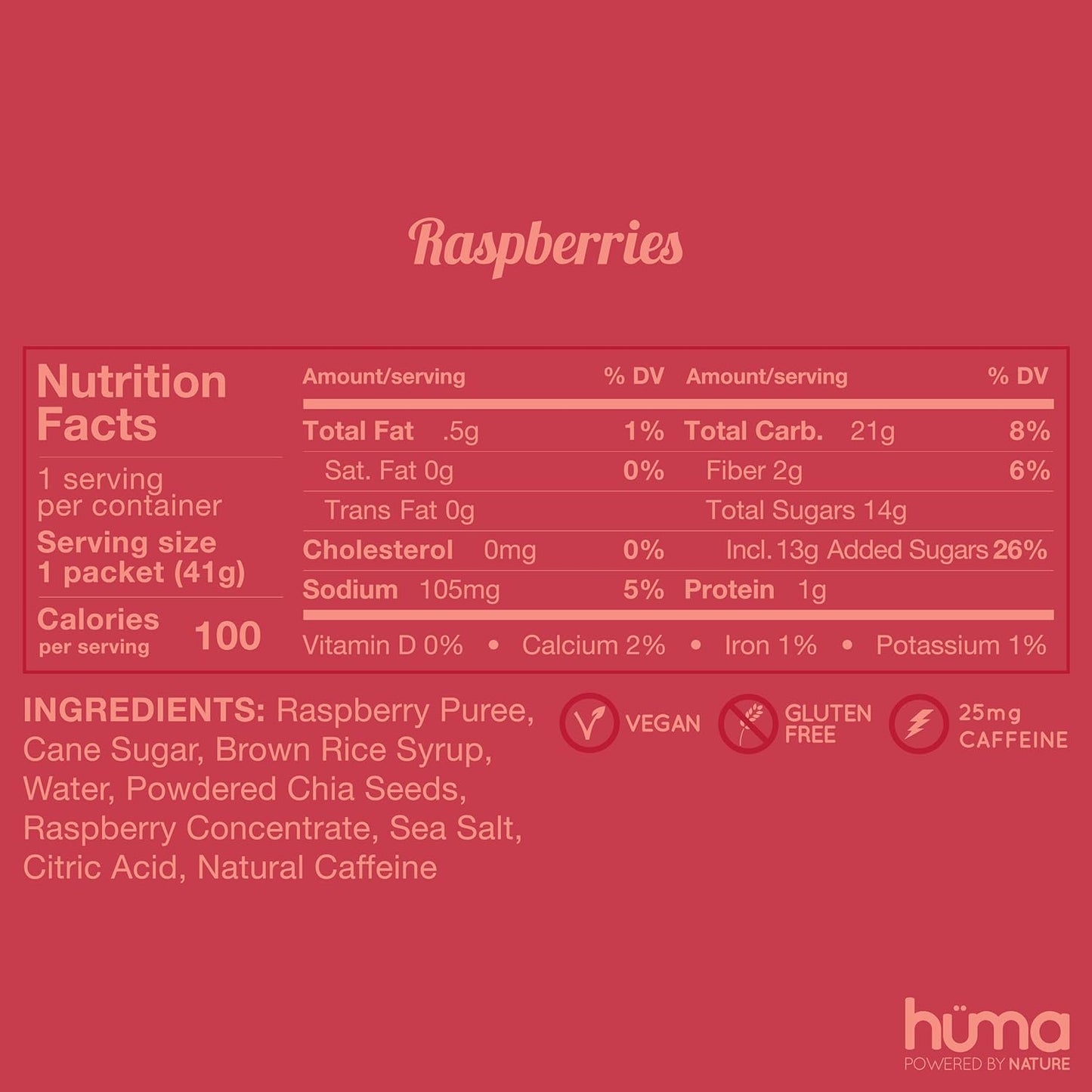 Huma Chia Energy Gel - Raspberries Flavor with 1x Caffeine - 24 Gels for Endurance Exercise - Sports Nutrition