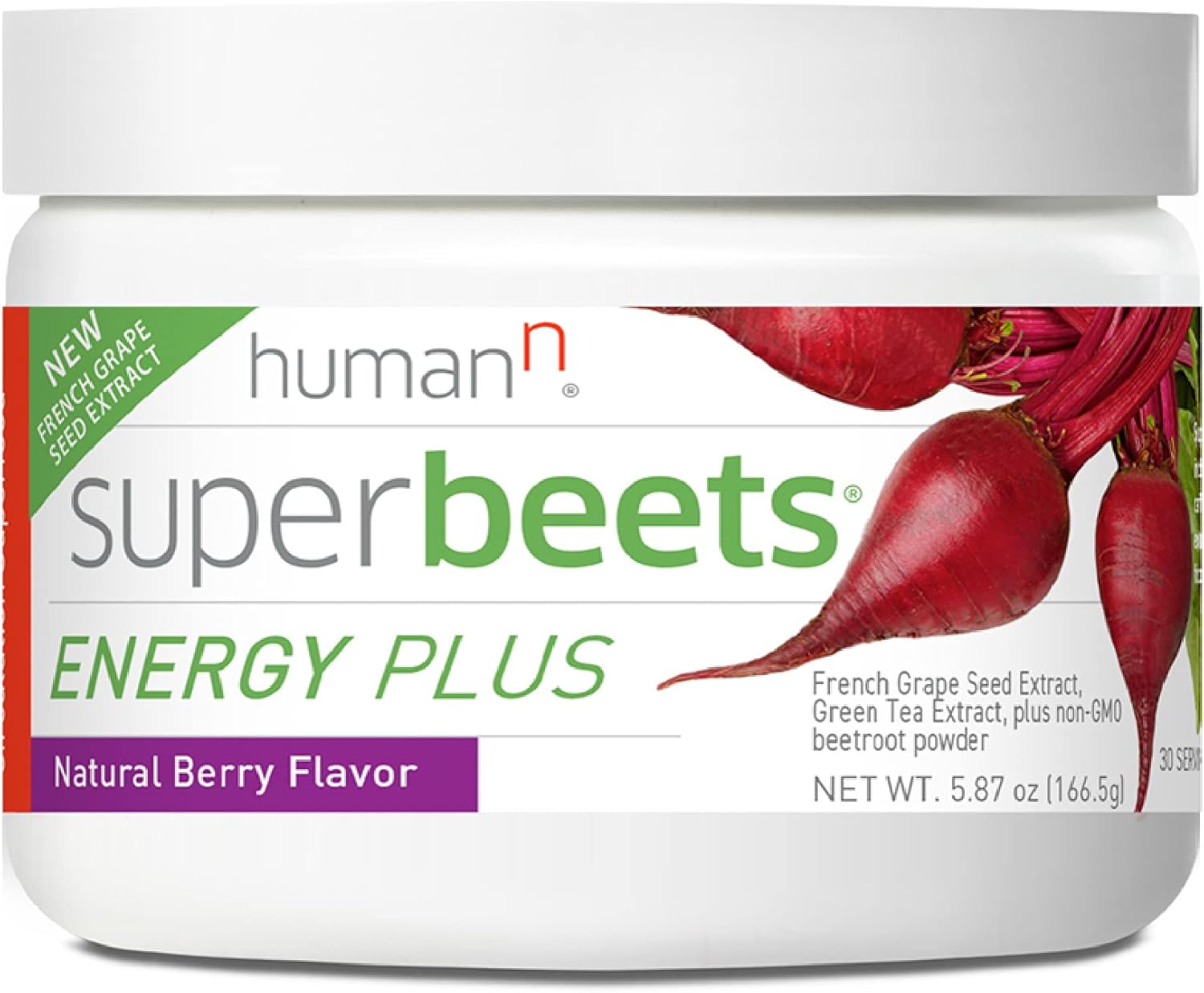 HumanN SuperBeets Energy Plus with Grape Seed Extract - Beet Root Powder, Green Tea Extract, Caffeine, Vitamin C - Non-GMO - 5.87oz