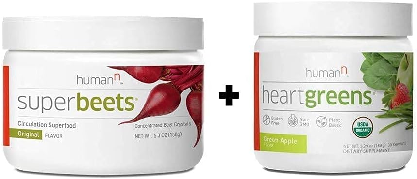 HumanN Superfood Heart Support Bundle - SuperBeets Original Apple Flavor & HeartGreens Powder for Cardiovascular Health