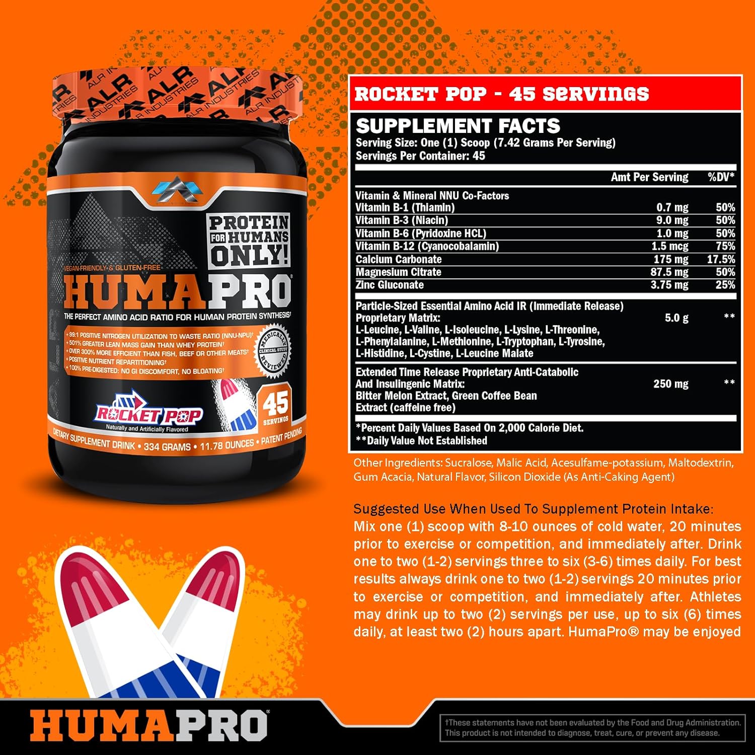 Humapro Amino Acid Protein Matrix - 99% Utilization for Lean Muscle - Vegan & Gluten Free - 334g / 45 Servings - Rocket Pop Flavor