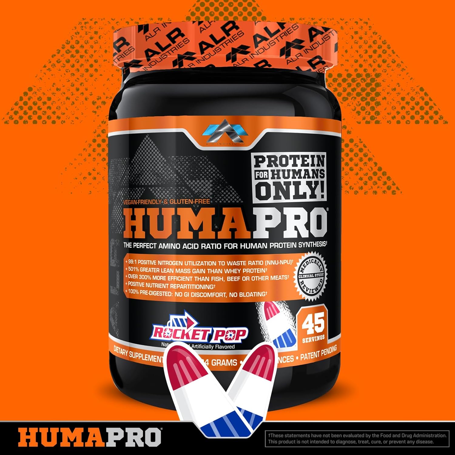 Humapro Amino Acid Protein Matrix - 99% Utilization for Lean Muscle - Vegan & Gluten Free - 334g / 45 Servings - Rocket Pop Flavor