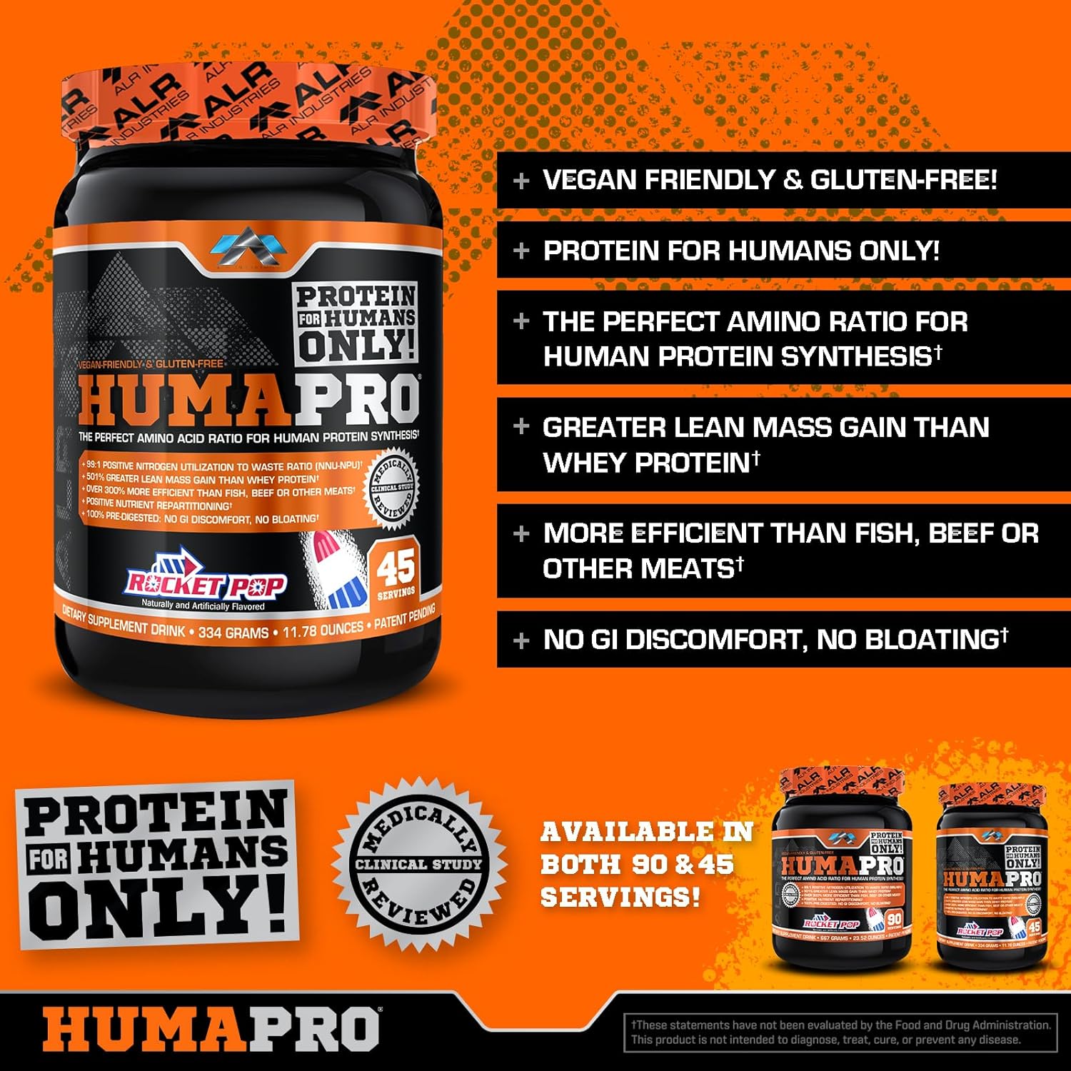 Humapro Amino Acid Protein Matrix - 99% Utilization for Lean Muscle - Vegan & Gluten Free - 334g / 45 Servings - Rocket Pop Flavor