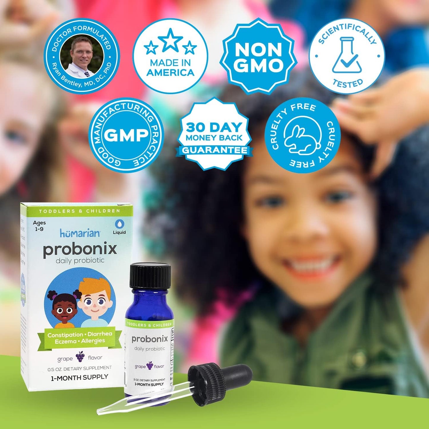 Humarian Probonix Probiotic Drops for Kids 1-9 Years - 8-Strain Toddler Probiotics - 45 Billion CFUs - Grape Flavor - 30-Day Supply