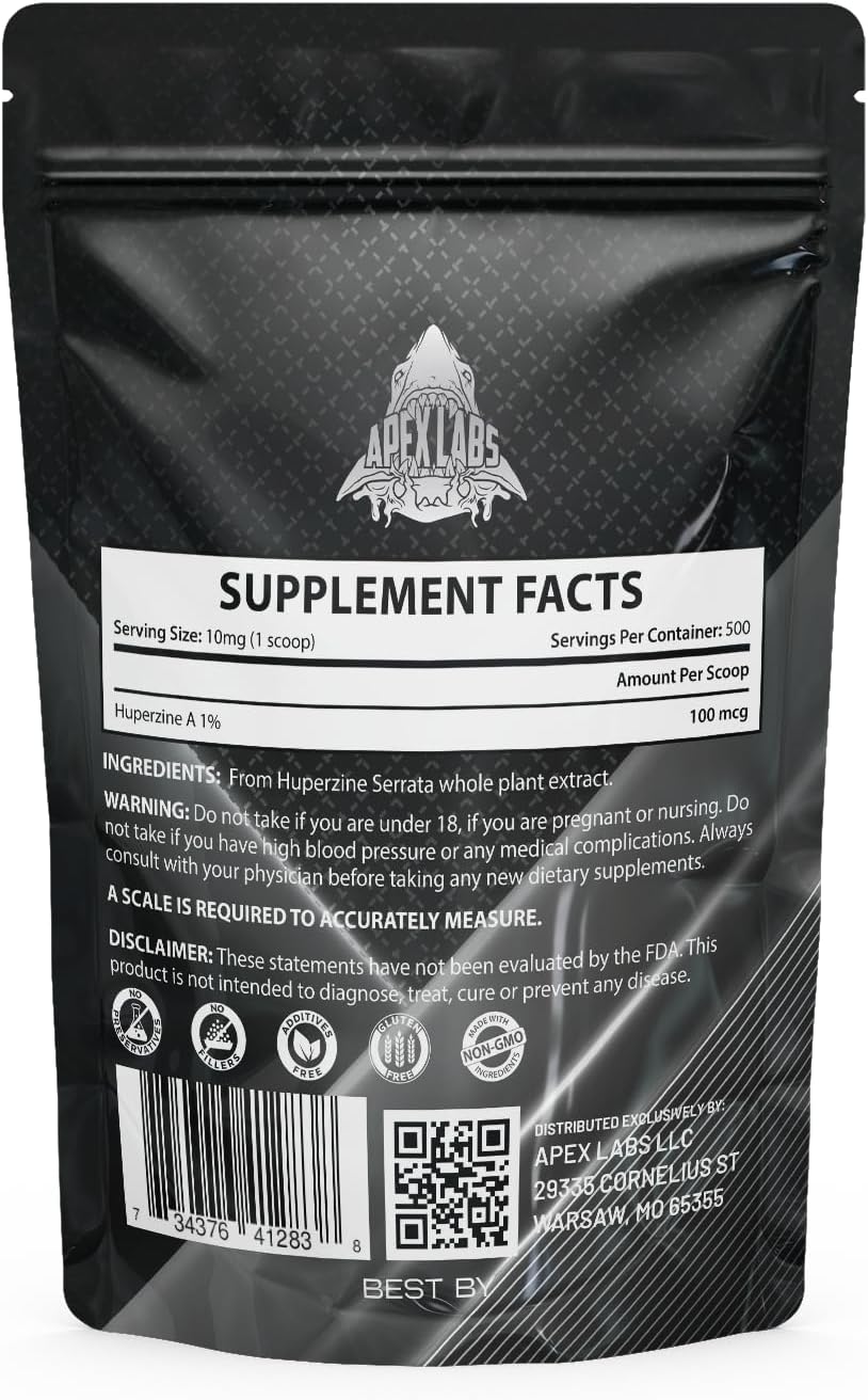 Huperzine-A 1% Powder Supplement - Huperzia Serrata Extract - Non-GMO, Gluten Free - USA Made - Third Party Tested (5g)