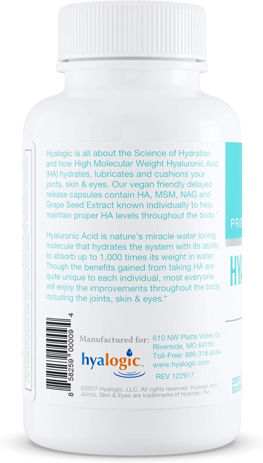 Hyalogic Hyaluronic Acid Combo Capsules with Glucosamine MSM | Supports Healthy Joints, Eyes, Skin | Promotes Skin Health | 120mg | Non-GMO (30 Count)