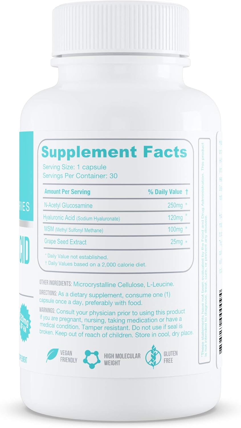 Hyalogic Hyaluronic Acid Combo Capsules with Glucosamine MSM | Supports Healthy Joints, Eyes, Skin | Promotes Skin Health | 120mg | Non-GMO (30 Count)