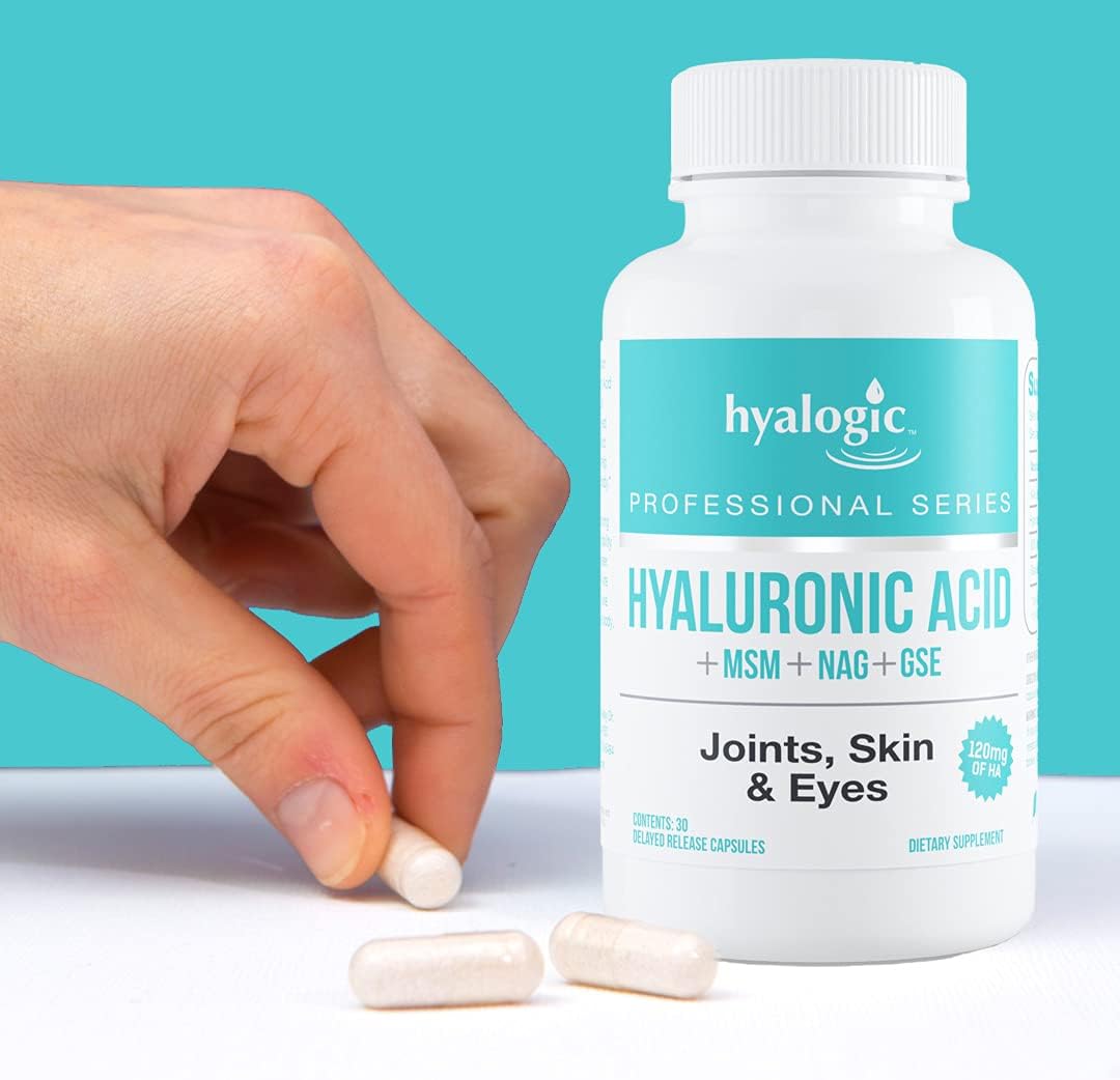 Hyalogic Hyaluronic Acid Combo Capsules with Glucosamine MSM | Supports Healthy Joints, Eyes, Skin | Promotes Skin Health | 120mg | Non-GMO (30 Count)