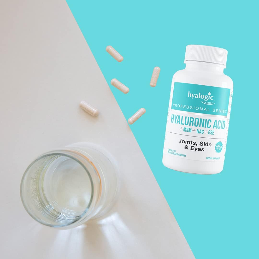 Hyalogic Hyaluronic Acid Combo Capsules with Glucosamine MSM | Supports Healthy Joints, Eyes, Skin | Promotes Skin Health | 120mg | Non-GMO (30 Count)