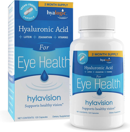 Hyalogic HylaVision Eye Health Supplements: Hyaluronic Acid, Lutein, Zeaxanthin (120 Capsules) Vegan Formula for Vision Support