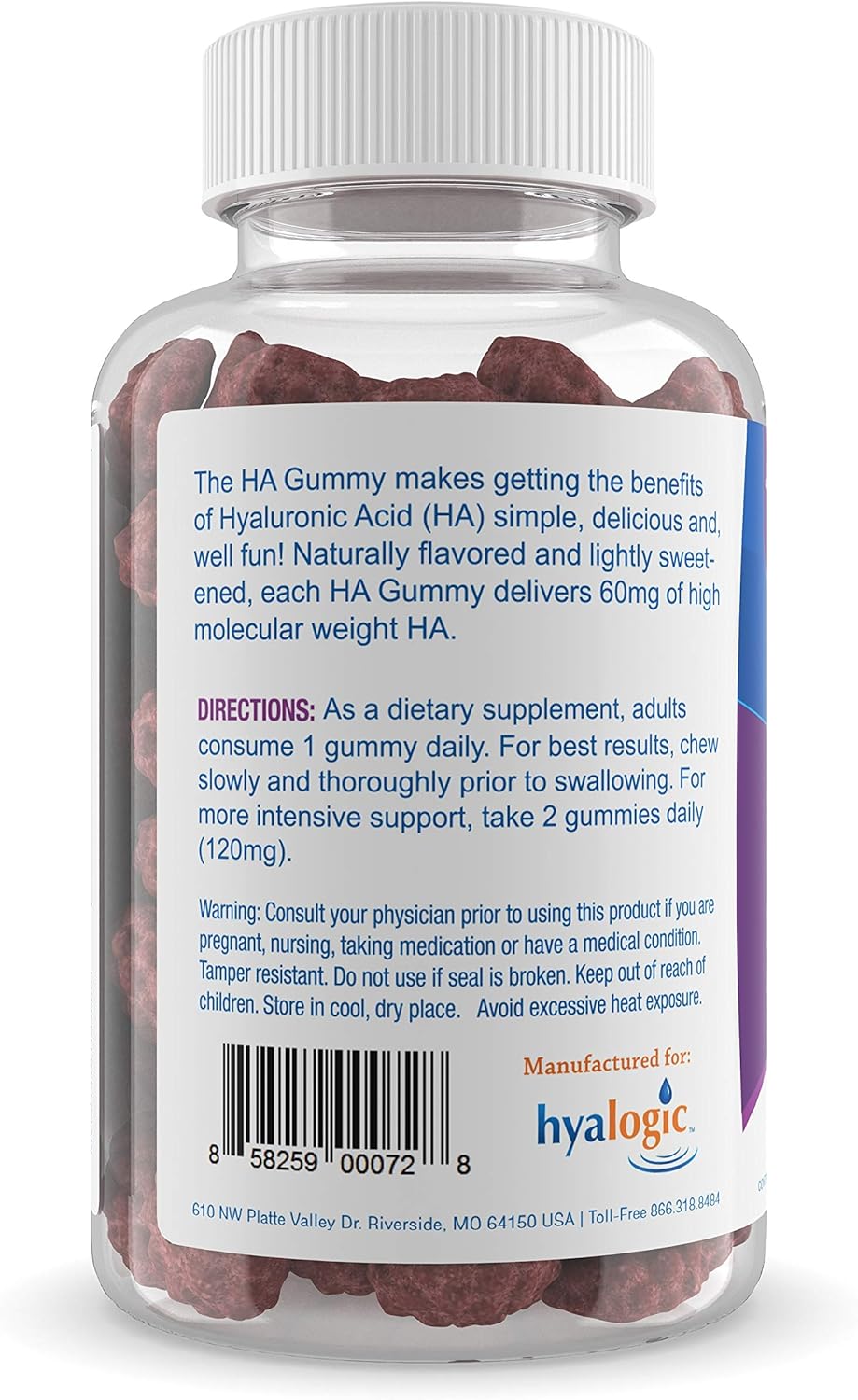 Hyalogic Mixed Berry Flavor HA Gummies - Gluten-Free Adult Vitamins - Joint, Skin, & Eye Supplement (60 Count)