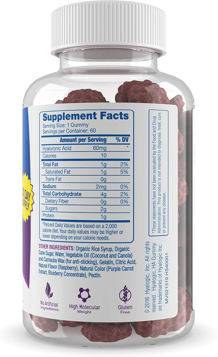 Hyalogic Mixed Berry Flavor HA Gummies - Gluten-Free Adult Vitamins - Joint, Skin, & Eye Supplement (60 Count)