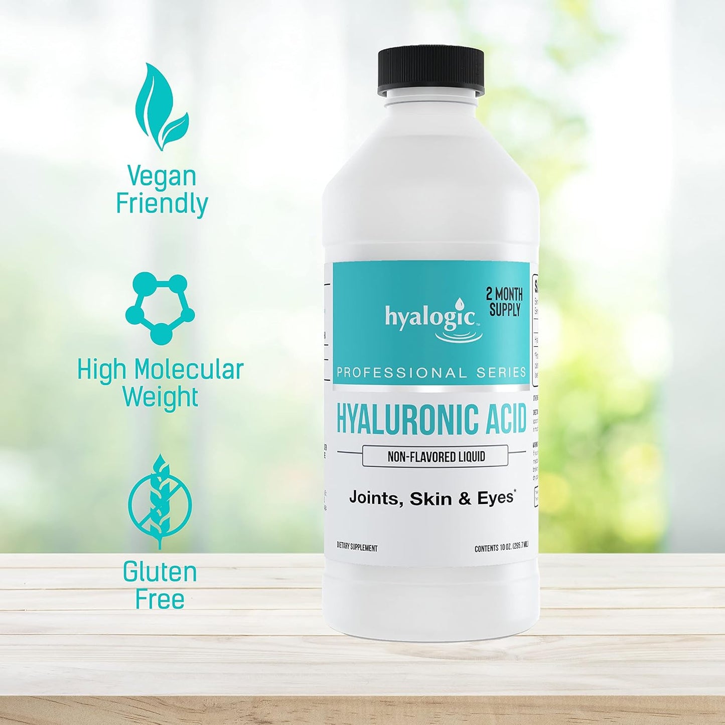 Hyalogic Professionals Series Hyaluronic Acid Liquid Supplement 100mg - Whole Body Hydration - Skin & Eyes - 10 oz