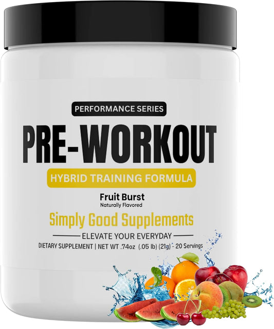 Hybrid Pre Workout Powder Supplement with 250mg Caffeine and Alpha GPC for Energy, Focus, and Endurance - 20 Servings for Men & Women